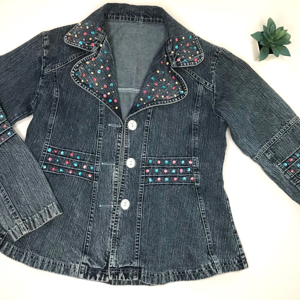 Blue Rhinestones Long Sleeve Jean Jacket Size S-M